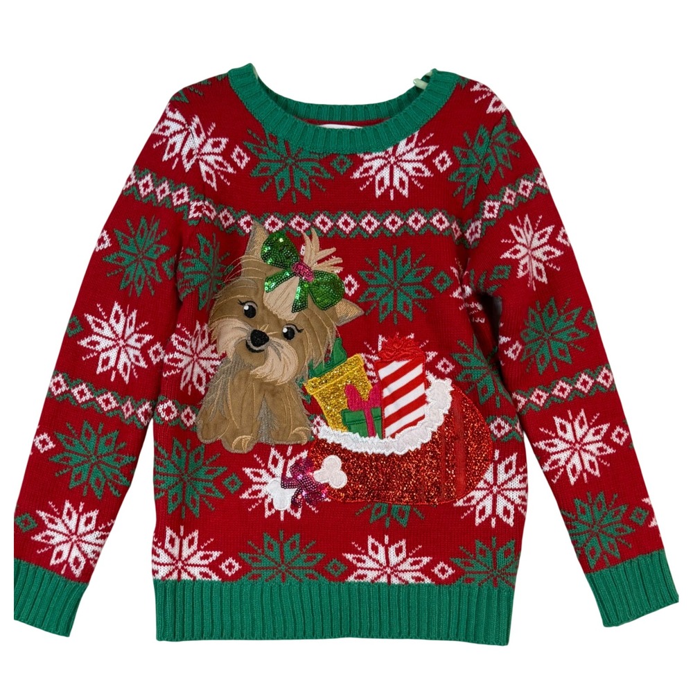 Kids Red Yorkie Dog Christmas Fair Isle •8• Ugly Christmas Sweater Kitsch Puppy